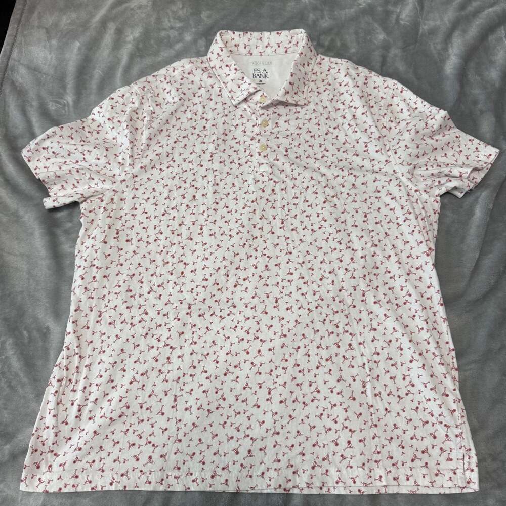 Jos. A. Bank Tailored Fit White Martini Glass Print Short Sleeve Polo Shirt XL